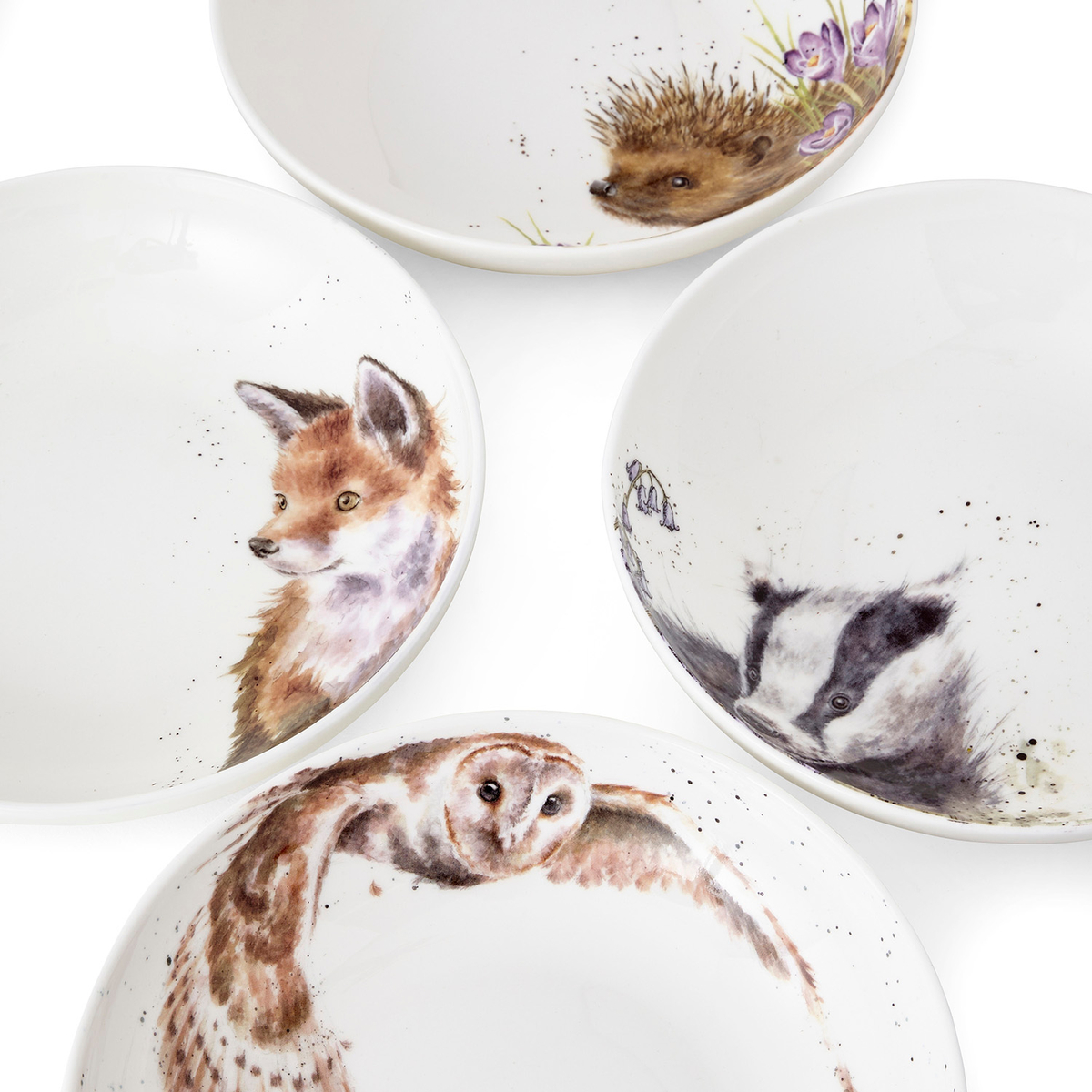 Wrendale Designs Pasta Bowls S/4 Assorted. Badger, Hedgehog, Fox, Owl image number null